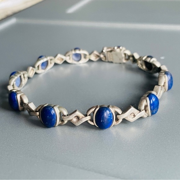 Vintage Art Deco Lapis Lazuli High Fashion Sterling Silver Bracelet - Picture 4 of 8